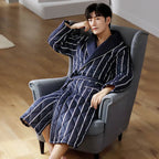 Men's Bathrobe Triple-Layer Quilted Cotton Striped Belted