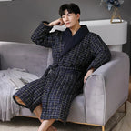 Men's Bathrobe Triple-Layer Quilted Cotton Striped Belted