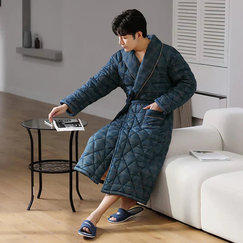 Men's Bathrobe Triple-Layer Quilted Cotton Striped Belted