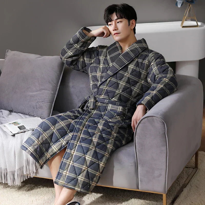Men's Bathrobe Triple-Layer Quilted Cotton Striped Belted