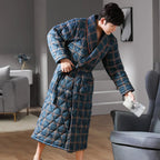 Men's Bathrobe Triple-Layer Quilted Cotton Striped Belted