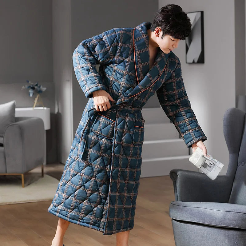 Men's Bathrobe Triple-Layer Quilted Cotton Striped Belted