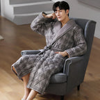 Men's Bathrobe Triple-Layer Quilted Cotton Striped Belted