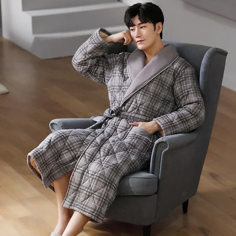 Men's Bathrobe Triple-Layer Quilted Cotton Striped Belted