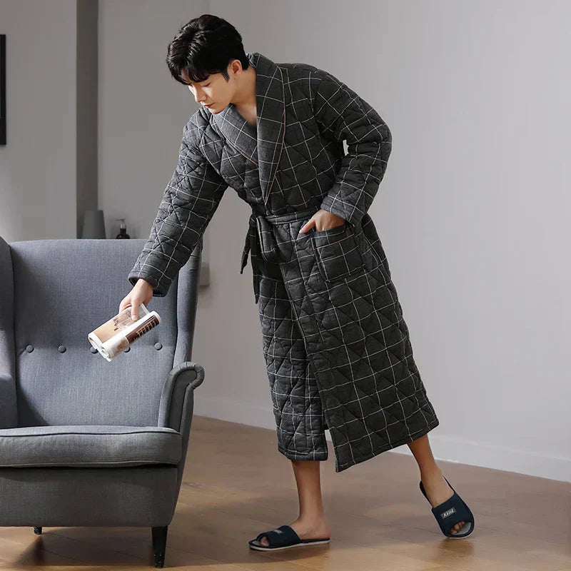 Men's Bathrobe Triple-Layer Quilted Cotton Striped Belted