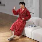 Men's Bathrobe Triple-Layer Quilted Cotton Striped Belted