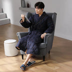 Men's Bathrobe Triple-Layer Quilted Cotton Striped Belted