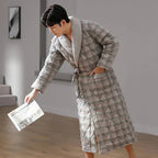 Men's Bathrobe Triple-Layer Quilted Cotton Striped Belted