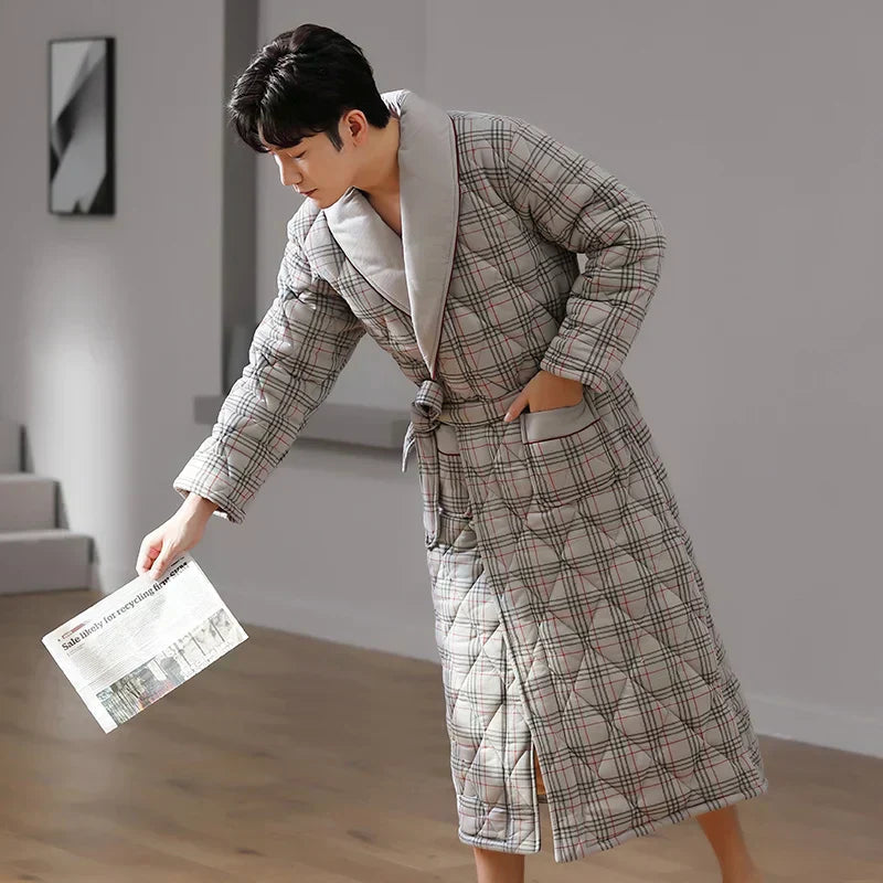 Men's Bathrobe Triple-Layer Quilted Cotton Striped Belted