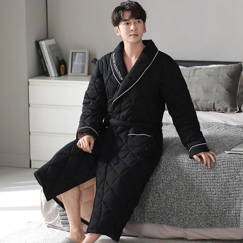 Men's Bathrobe Triple-Layer Quilted Cotton Striped Belted