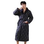Men's Bathrobe Triple-Layer Quilted Cotton Striped Belted