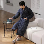 Men's Bathrobe Triple-Layer Quilted Cotton Striped Belted