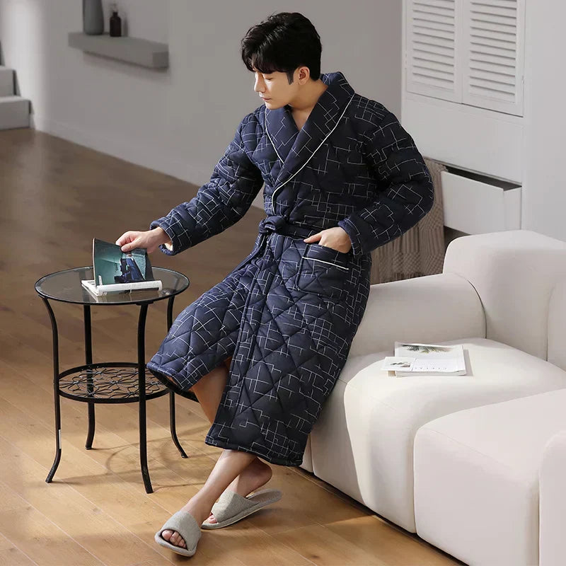 Men's Bathrobe Triple-Layer Quilted Cotton Striped Belted