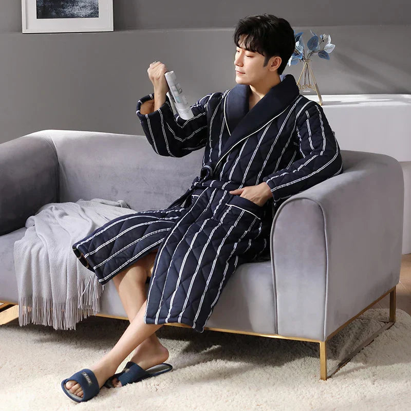 Men's Bathrobe Triple-Layer Quilted Cotton Striped Belted
