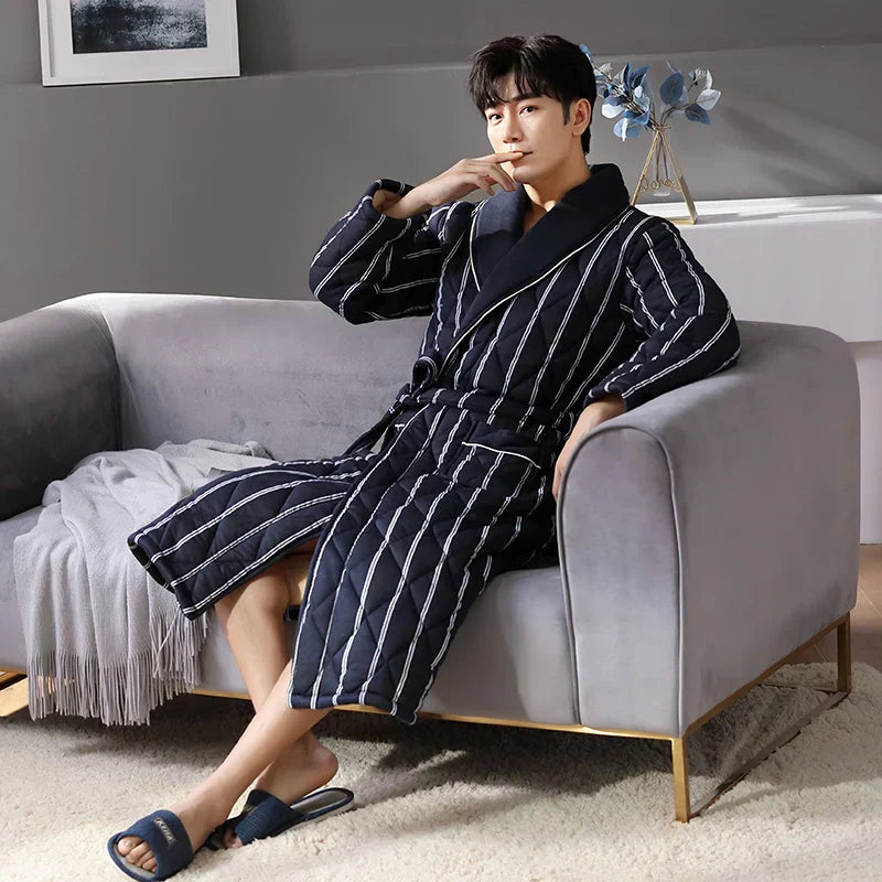 Men's Bathrobe Triple-Layer Quilted Cotton Striped Belted