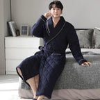 Men's Bathrobe Triple-Layer Quilted Cotton Striped Belted