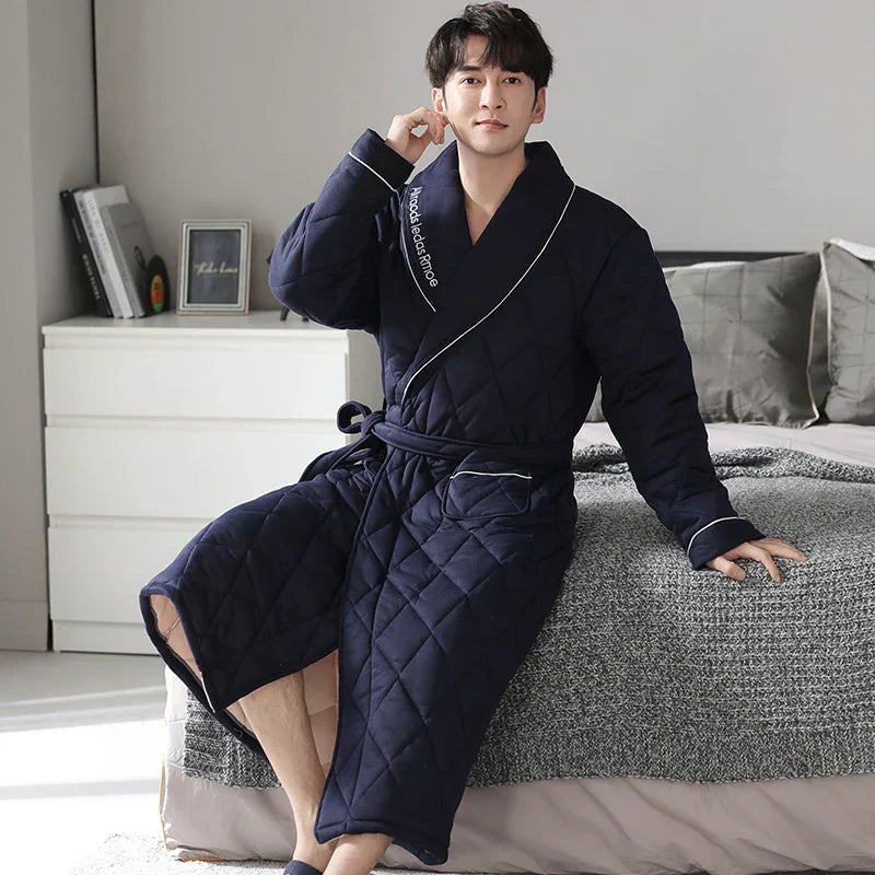 Men's Bathrobe Triple-Layer Quilted Cotton Striped Belted