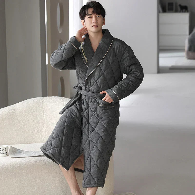 Men's Bathrobe Triple-Layer Quilted Cotton Striped Belted