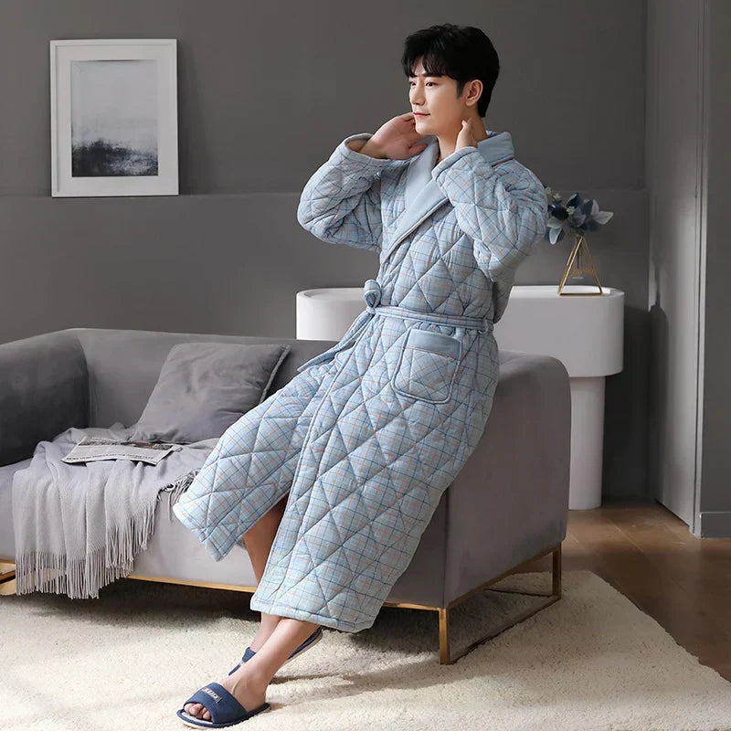 Men's Bathrobe Triple-Layer Quilted Cotton Striped Belted