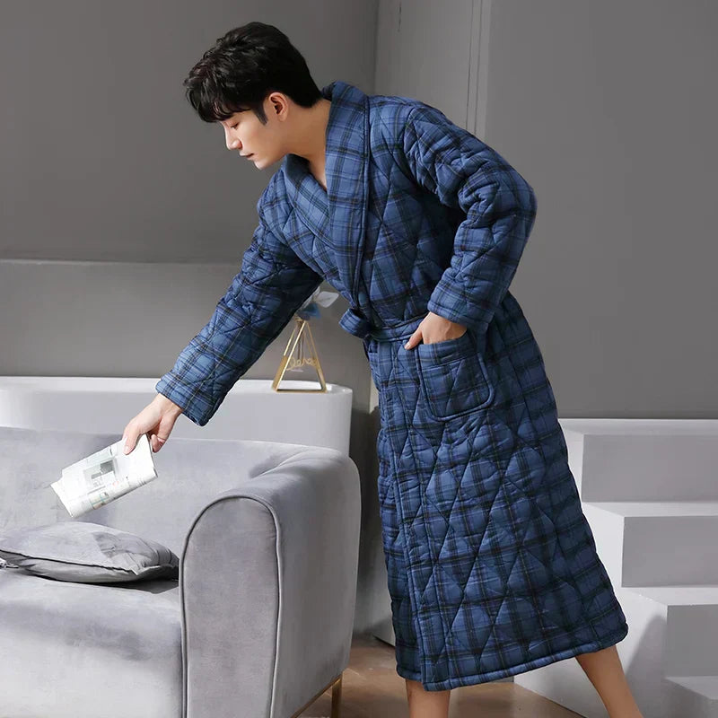 Men's Bathrobe Triple-Layer Quilted Cotton Striped Belted