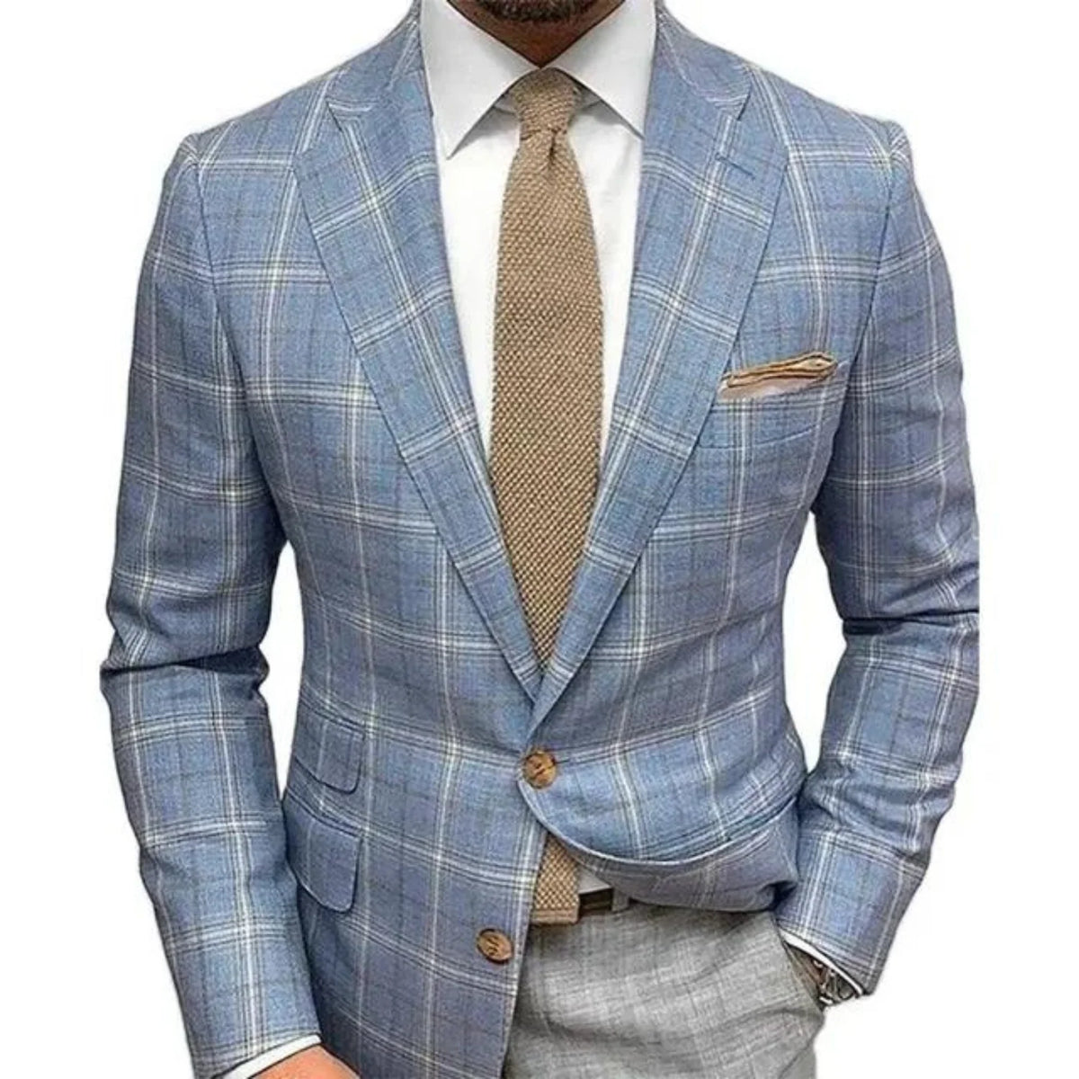 Men's Blazer Tailored Windowpane Plaid Wooden Buttons Patch Pockets