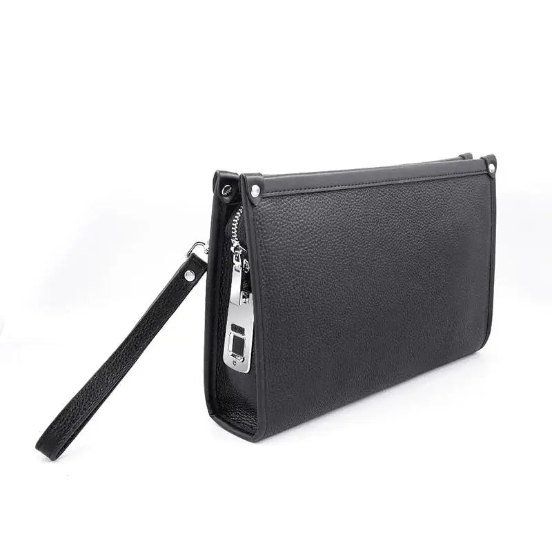 Men's Business Clutch Fingerprint Lock Genuine Cowhide Leather