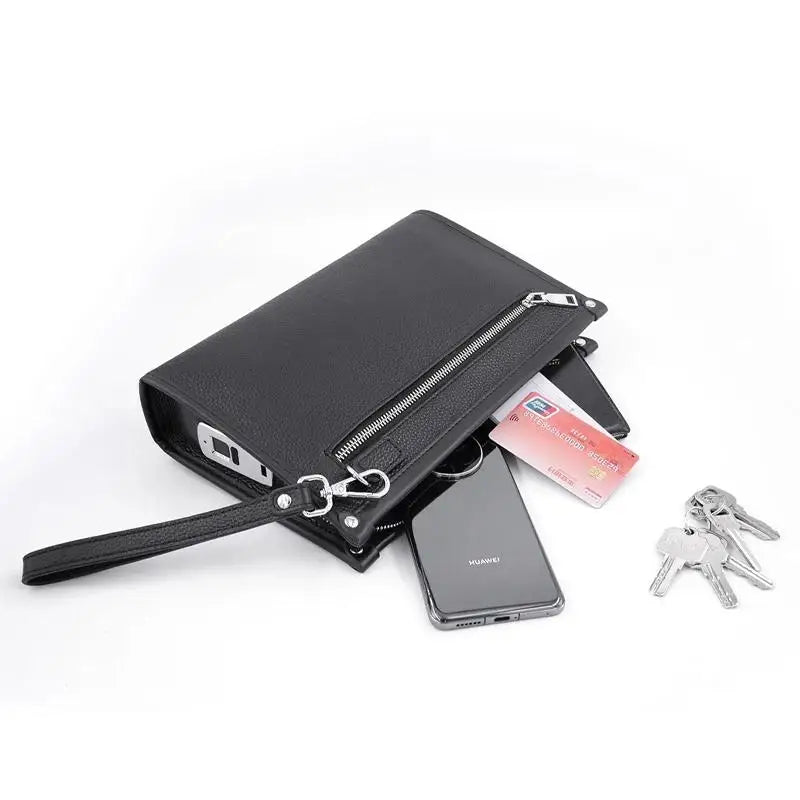Men's Business Clutch Fingerprint Lock Genuine Cowhide Leather