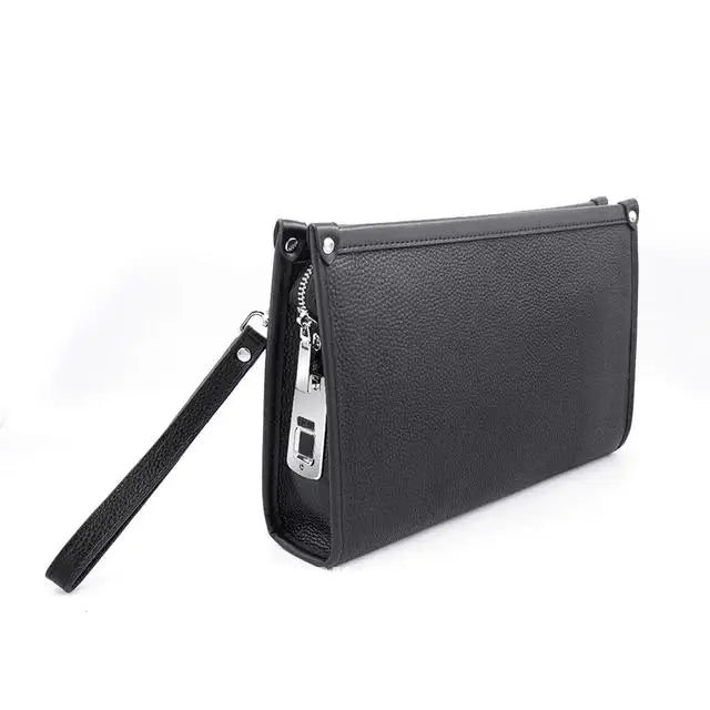 Men's Business Clutch Fingerprint Lock Genuine Cowhide Leather