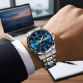 Men's Dress Watch Faceted Bezel Day-Date Metal Bracelet