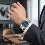 Men's Dress Watch Faceted Bezel Day-Date Metal Bracelet