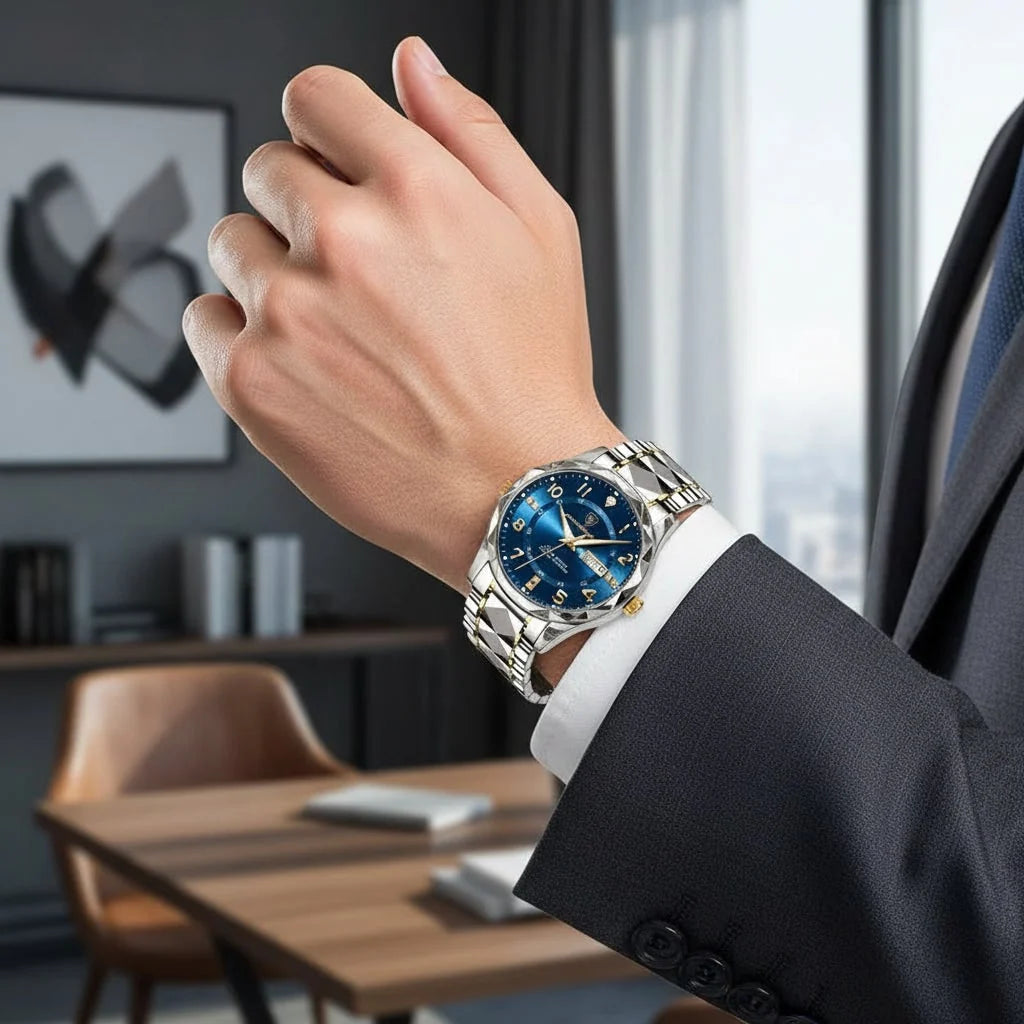 Men's Dress Watch Faceted Bezel Day-Date Metal Bracelet