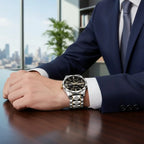 Men's Dress Watch Faceted Bezel Day-Date Metal Bracelet