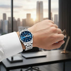 Men's Dress Watch Faceted Bezel Day-Date Metal Bracelet