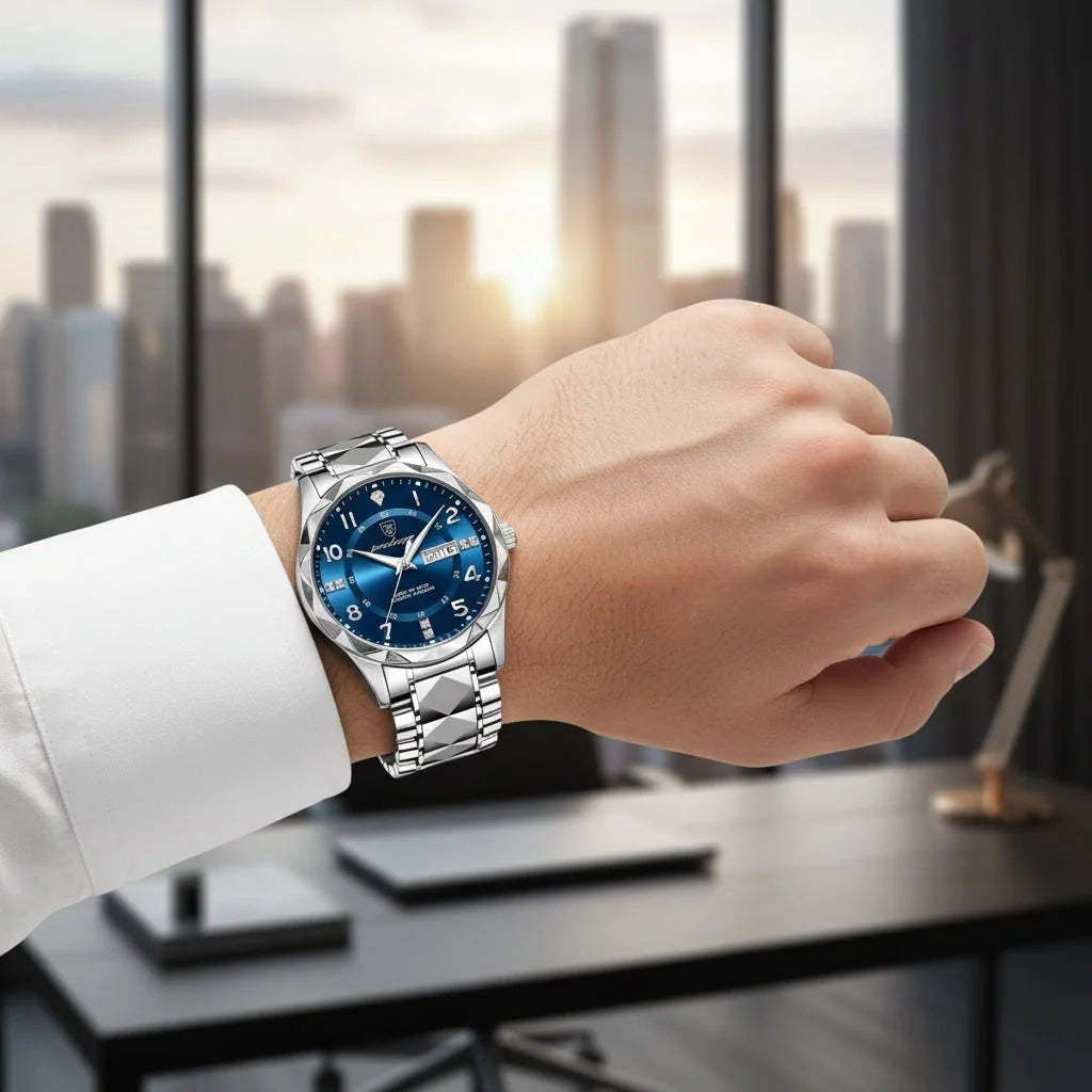 Men's Dress Watch Faceted Bezel Day-Date Metal Bracelet