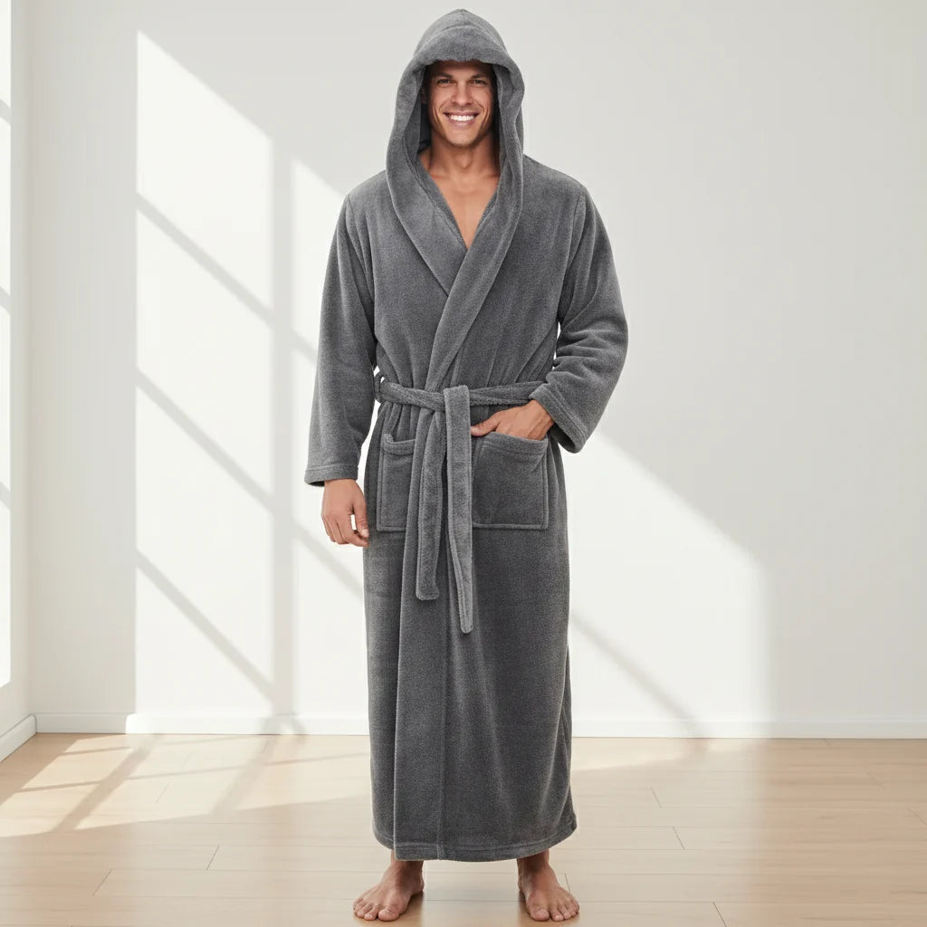 Men's Hooded Bathrobe Soft Plush Relaxed Fit Machine Washable