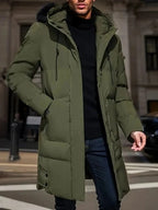 Men's Long Jacket Weather-Resistant Adjustable Hood Multiple Pockets