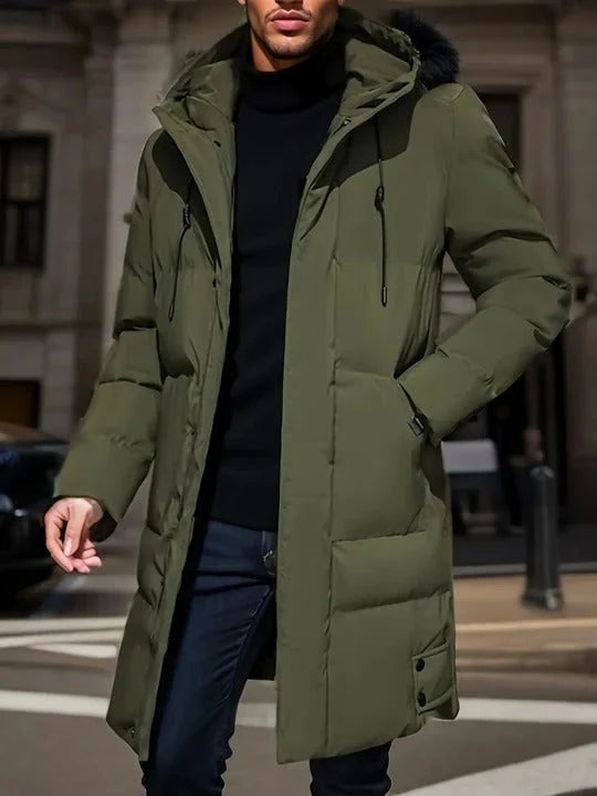 Men's Long Jacket Weather-Resistant Adjustable Hood Multiple Pockets