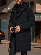Men's Long Jacket Weather-Resistant Adjustable Hood Multiple Pockets