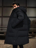 Men's Long Jacket Weather-Resistant Adjustable Hood Multiple Pockets