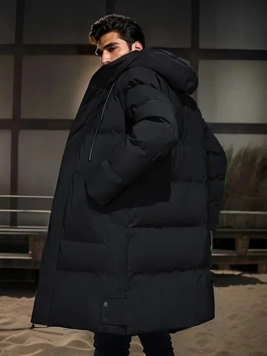 Men's Long Jacket Weather-Resistant Adjustable Hood Multiple Pockets