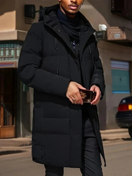 Men's Long Jacket Weather-Resistant Adjustable Hood Multiple Pockets