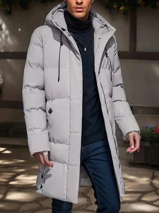 Men's Long Jacket Weather-Resistant Adjustable Hood Multiple Pockets