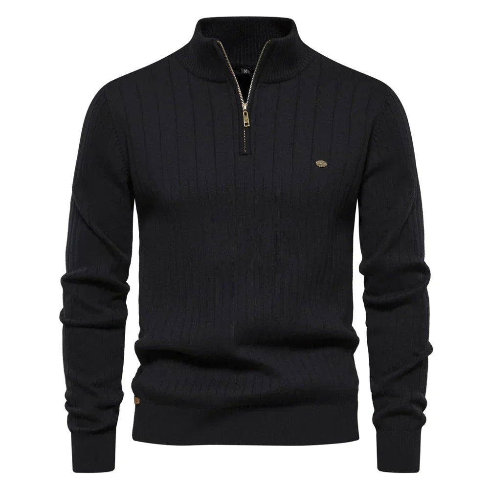 Men's Quarter Zip Sweater Ribbed Knit Adjustable Zip