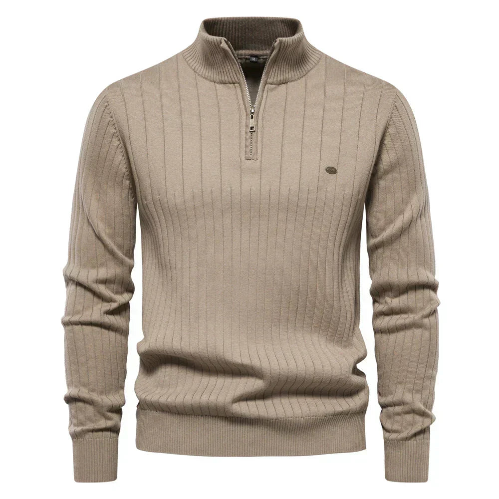 Men's Quarter Zip Sweater Ribbed Knit Adjustable Zip
