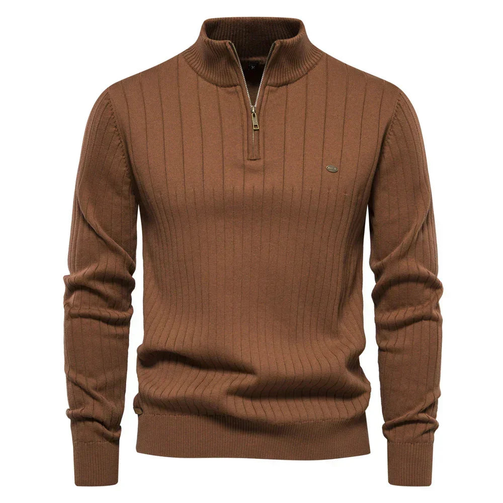 Men's Quarter Zip Sweater Ribbed Knit Adjustable Zip