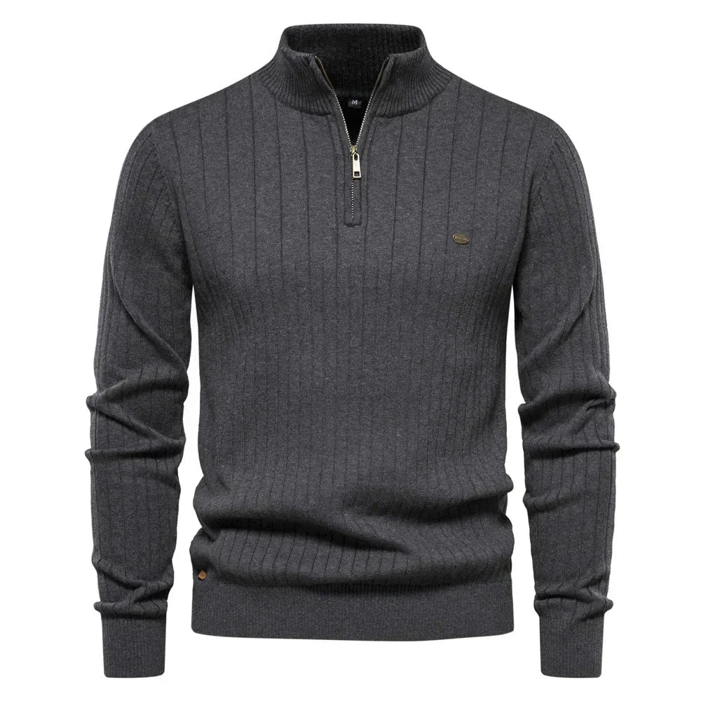 Men's Quarter Zip Sweater Ribbed Knit Adjustable Zip