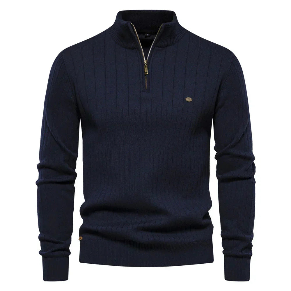 Men's Quarter Zip Sweater Ribbed Knit Adjustable Zip