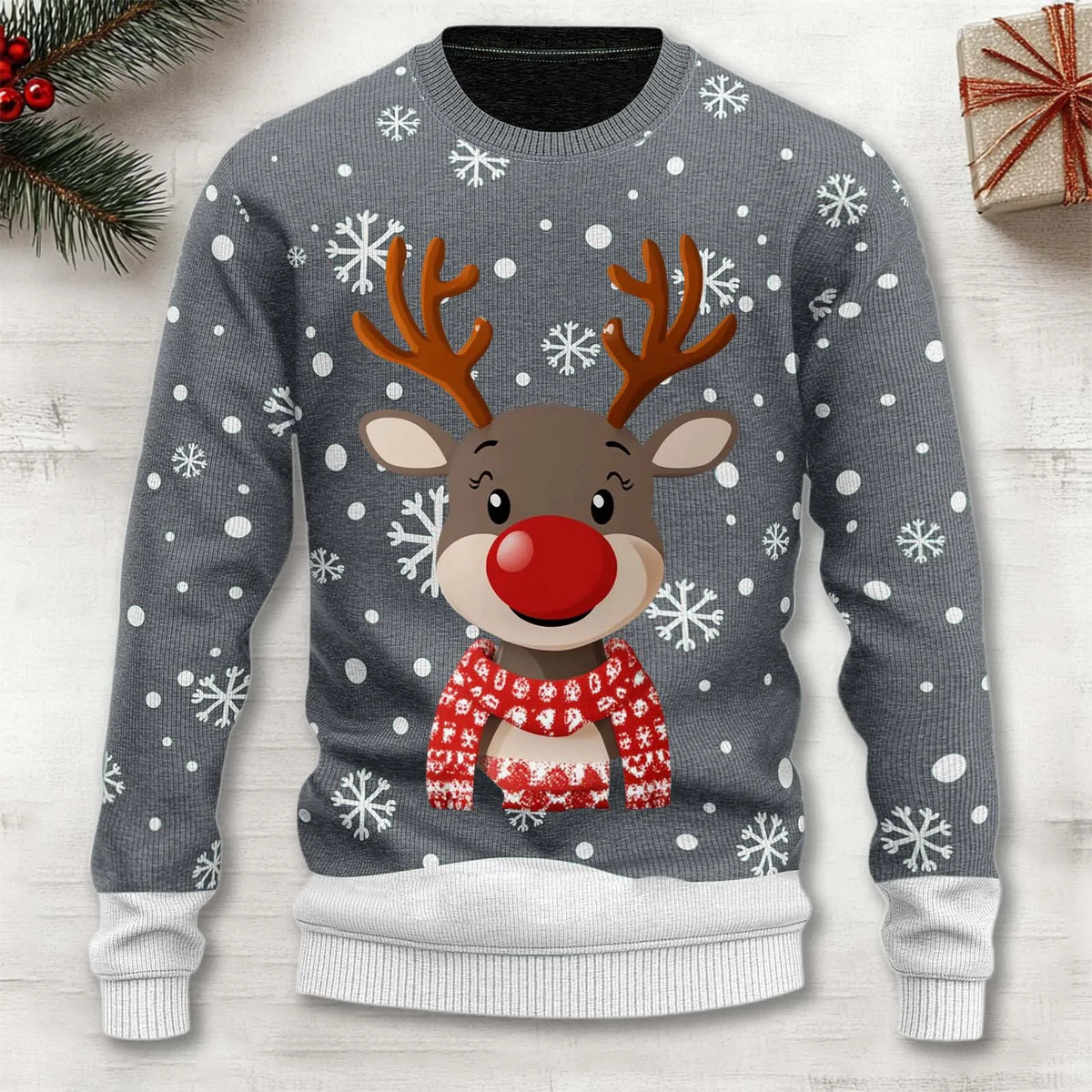 Men's Sweater Reindeer & Snowflake Soft Poly-Cotton