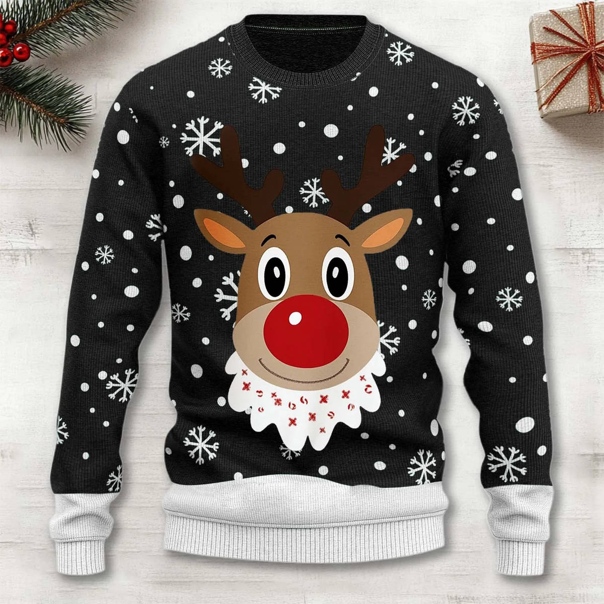 Men's Sweater Reindeer & Snowflake Soft Poly-Cotton