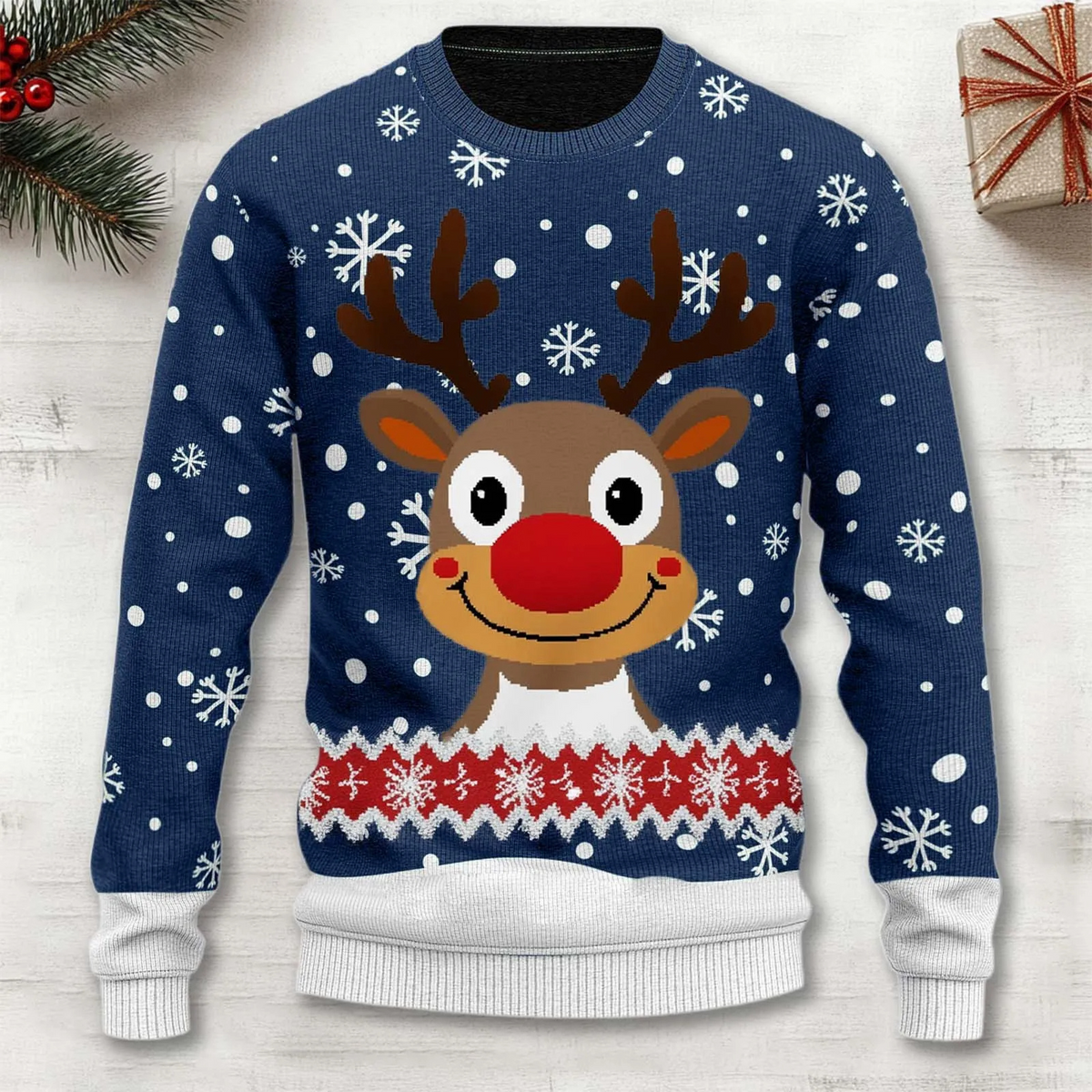 Men's Sweater Reindeer & Snowflake Soft Poly-Cotton